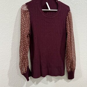 Talbots Burgundy Top with Patterned Sheer Sleeves